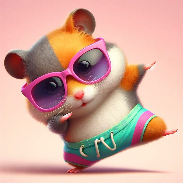 Foto hamster gracioso con ropa de colores y gafas de sol bailando