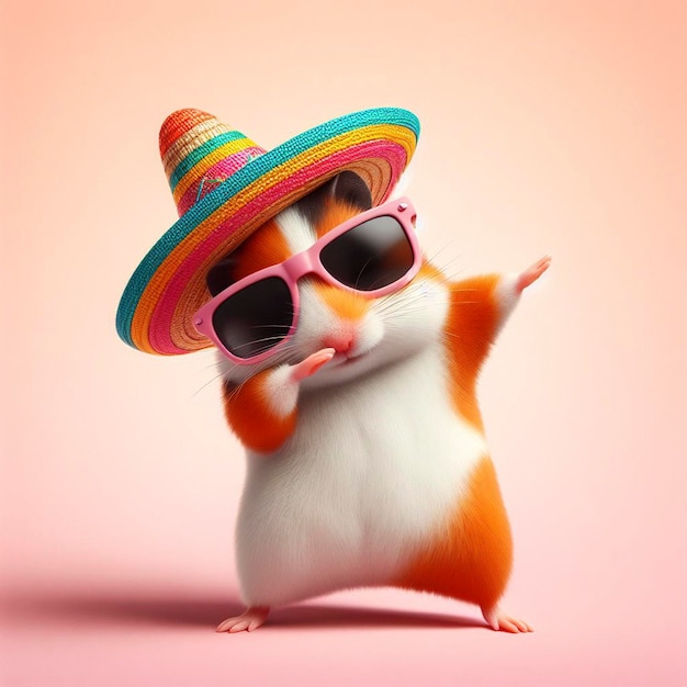 Hamster gracioso con ropa de colores y gafas de sol bailando