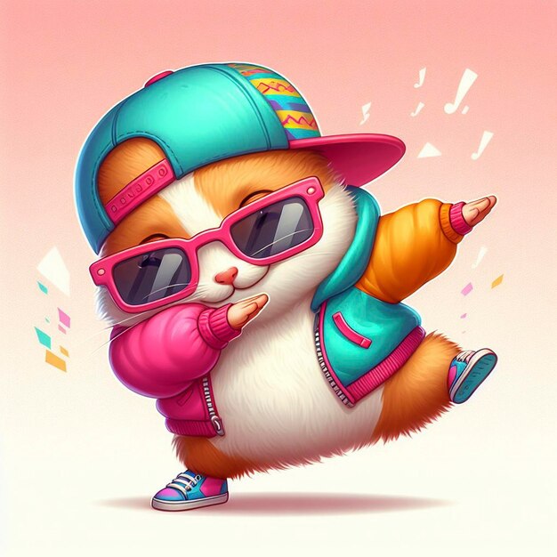 Foto hamster gracioso con ropa de colores y gafas de sol bailando