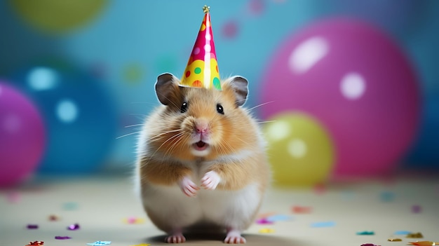 Hamster gracioso con sombrero de fiesta de cumpleaños en el fondo