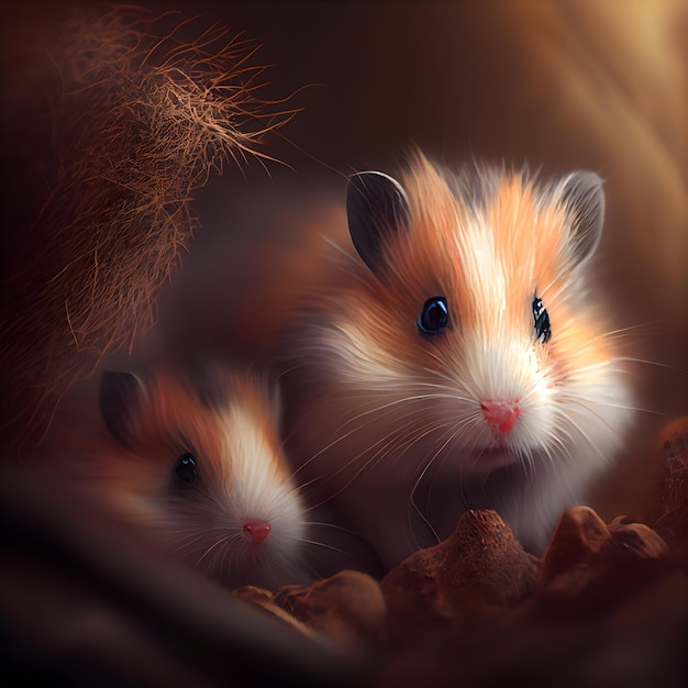 Hamster im Nest auf dunklem Hintergrund, 3D-Darstellung