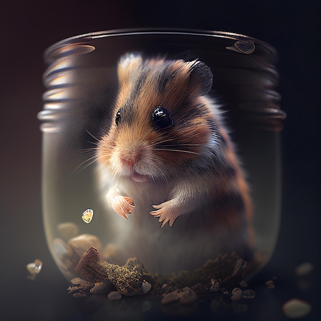 Hamster in einem Glasgefäß mit Samen auf dunklem Hintergrund