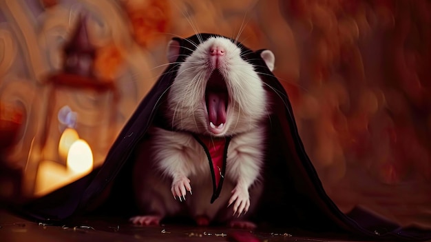 Hamster in einem Vampir-Kostüm Maskottchenmann kleiner Freund Haustier Nahaufnahme Fellkostüm Fotoshoot für Haustier Kleine Wangen aufgeblähte Schnurrhaare Twitchhamster erkundet die Welt in ungewöhnlichem Mantel Generativ von KI