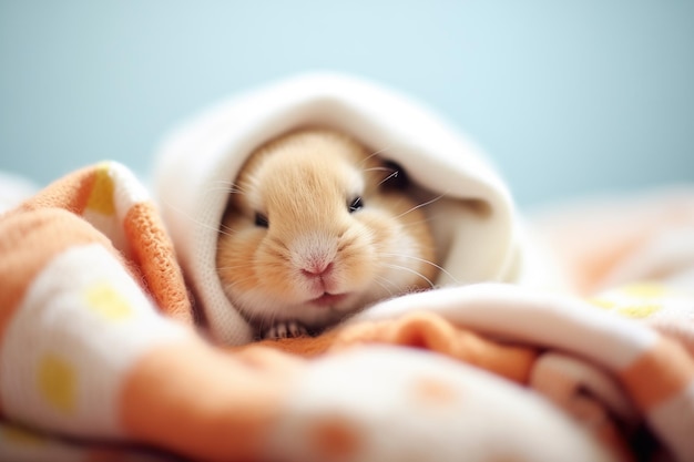 Foto hamster in einem weichen bettwäschehaufen gekuschelt