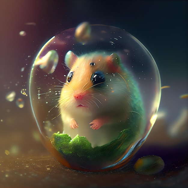 Hamster in einer Glaskugel auf dunklem Hintergrund, 3D-Darstellung