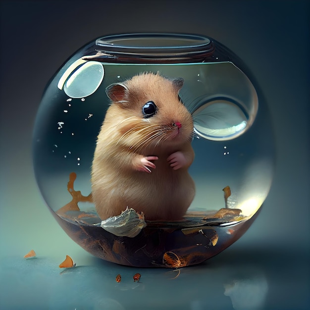 Foto hamster in einer glasschüssel auf dunklem hintergrund, 3d-darstellung