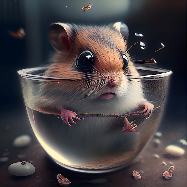 Hamster in einer Glasschüssel auf dunklem Hintergrund, 3D-Illustration