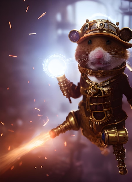 Hamster in Steampunk-Zaubererrüstung, epische Komposition