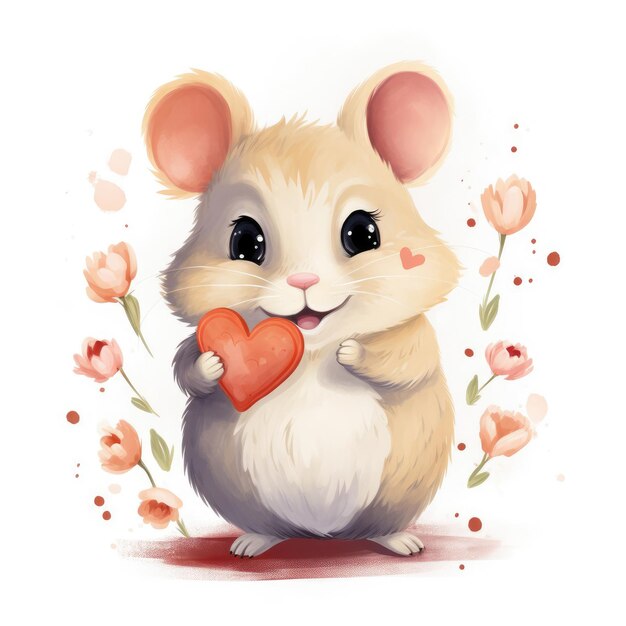 Hamster lindo de acuarela con un ramo de flores en sus patas sobre un fondo blanco