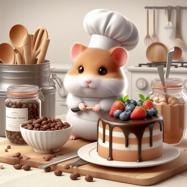 Foto hamster lindo cocinero pastelero delicioso postre pastel