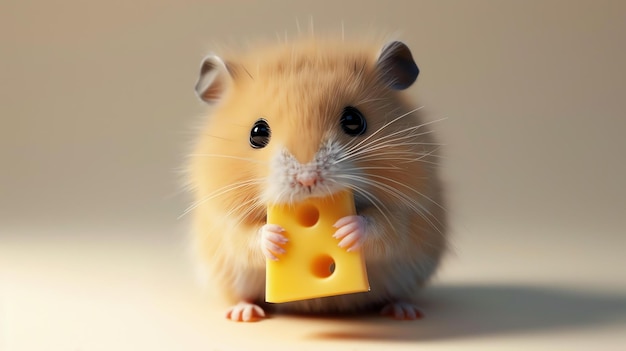 Un hámster lindo está sentado en una mesa y comiendo un pedazo de queso el hámster está sosteniendo el queso con sus patas y mirando a la cámara