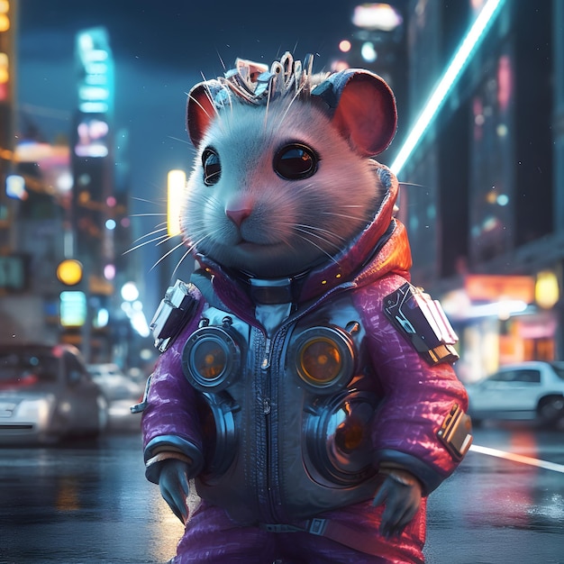 Hamster lindo en estilo cyberpunk en el fondo de una ciudad futurista