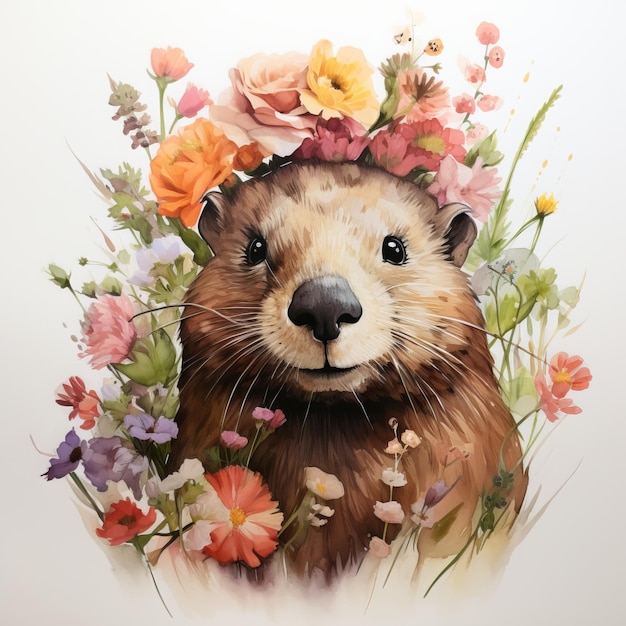 Hamster lindo con flores en estilo acuarela Ilustración dibujada a mano