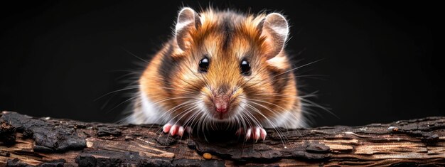 Hamster lindo en fondo negro bandeja panorámica horizontal ancha con espacio de copia o cabeza de sitio web