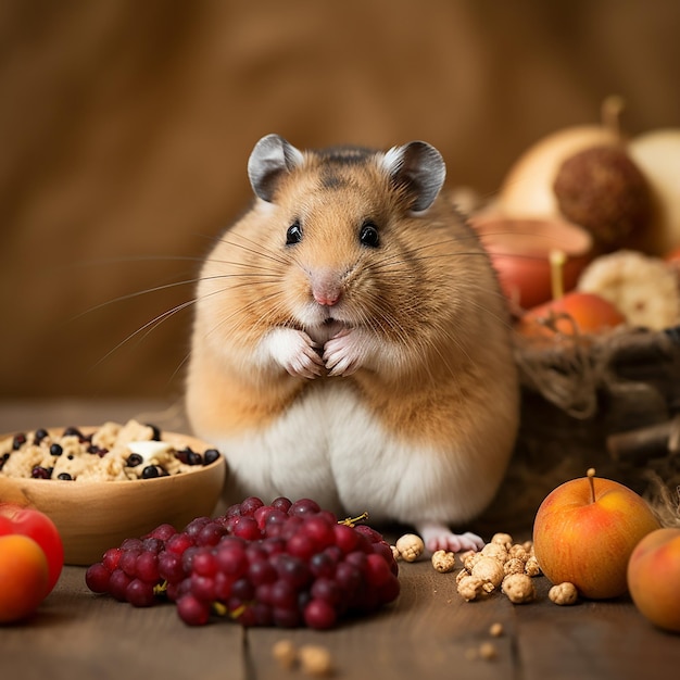 Um hamster com longos bigodes está sobre uma pilha de doces.