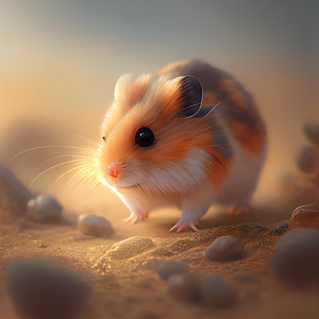 Hamster na areia renderização em 3D Ilustração digital