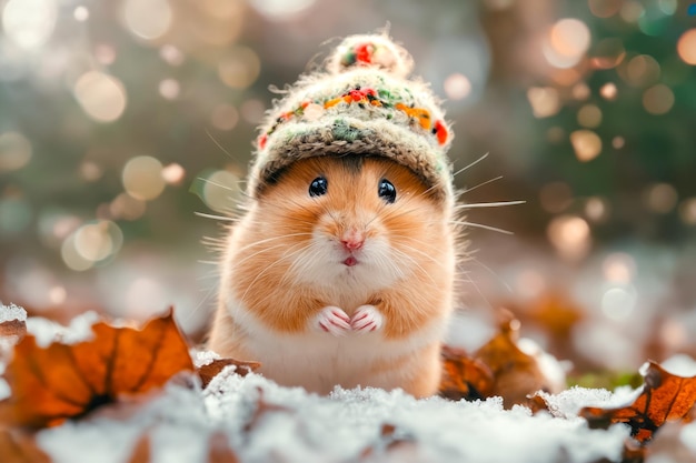 Hamster pequeno usando chapéu de tricô na neve