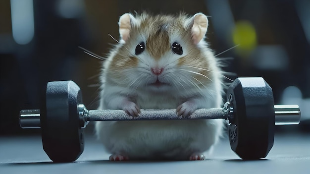 El hámster que levanta pesas en un gimnasio muestra determinación y fuerza