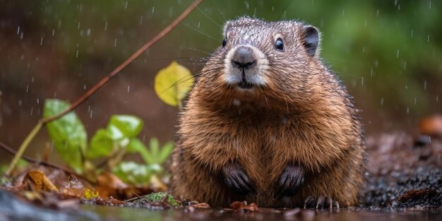 Foto hamster salvaje en el bosque bajo la lluvia