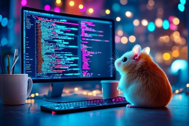 Un hámster sentado frente a una pantalla de computadora con un código en ella