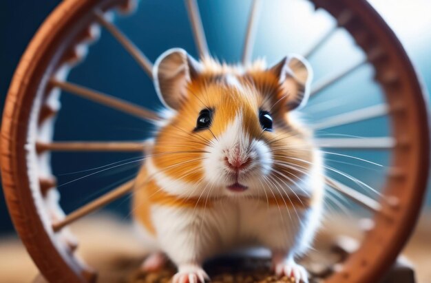 Hamster sirio al lado de la rueda de correr mira a la cámara roedor mascota