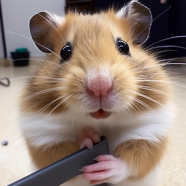 Hamster se toma un selfie con el hocico de un primer plano de hámster, foto divertida con mascotas