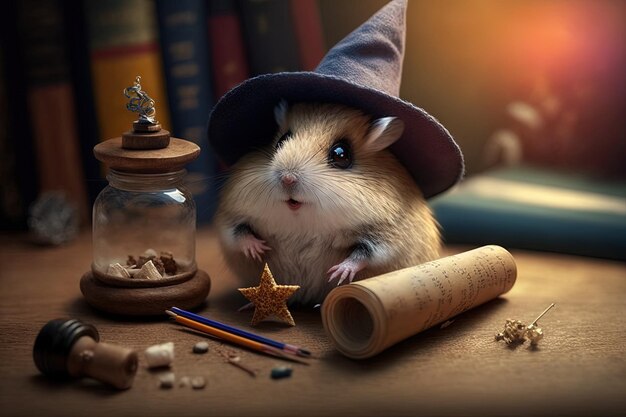 Foto hamster usando chapéu de feiticeiro e lançando um feitiço ilustração generativa ai