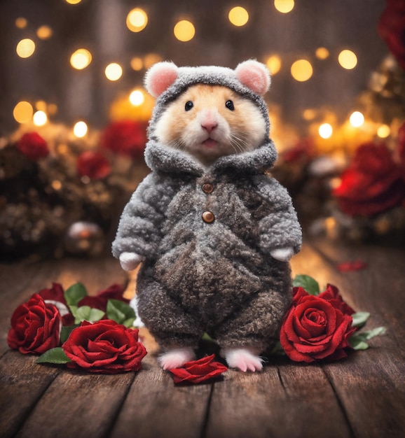 Hamster de vacaciones y rosas