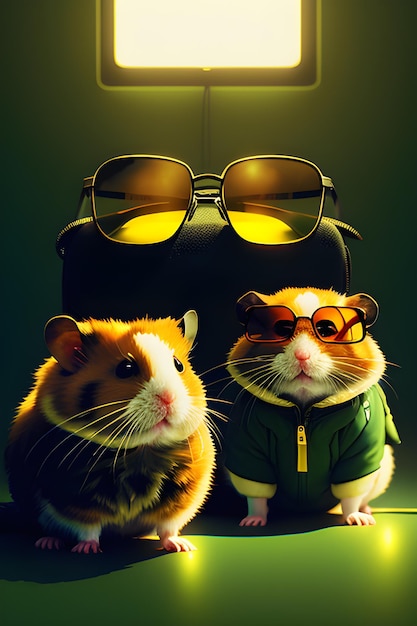 hamsters usando óculos pretos iluminação dramática de alto detalhe gerada por ai