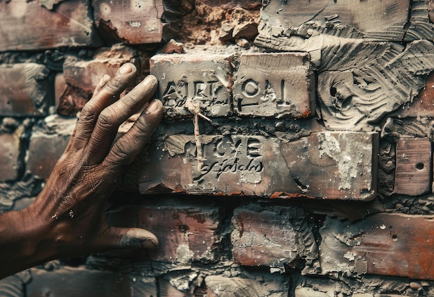 Hand auf einer Ziegelsteinmauer