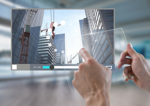 Hand berühren Glastablett City Video Player Architecture App Interface