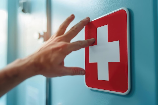 Hand berührendes Erste-Hilfe-Zeichen in abstraktem medizinischem Hintergrund
