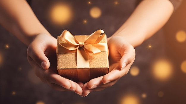 Hand der festlichen Eleganz mit Geschenkbox im goldenen Dekor