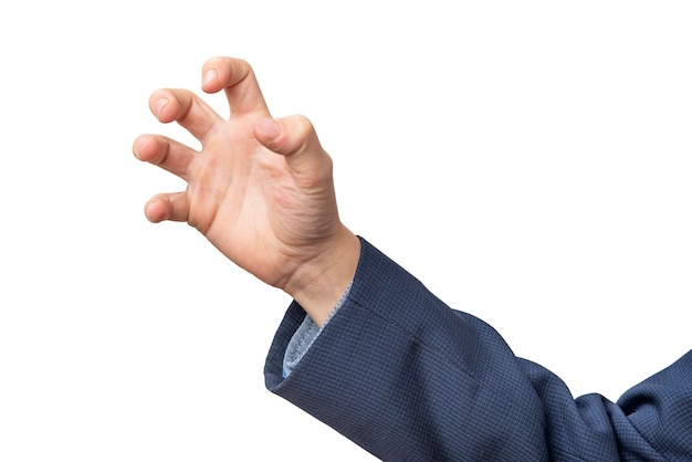 Hand des Geschäftsmanns zeigt ein Pfotenzeichen mit Krallen auf weißem Hintergrund