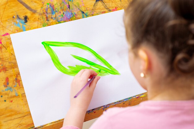 Hand des Kindes, das grünes Blatt durch Aquarelle auf weißem Papier auf einer Staffelei zeichnet. Tag der Erde Konzept.