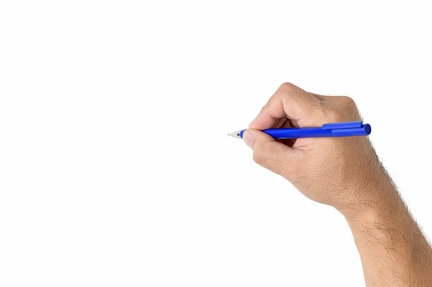 Hand des Mannes ist bereit zum Zeichnen mit Stift auf weißem Hintergrund,