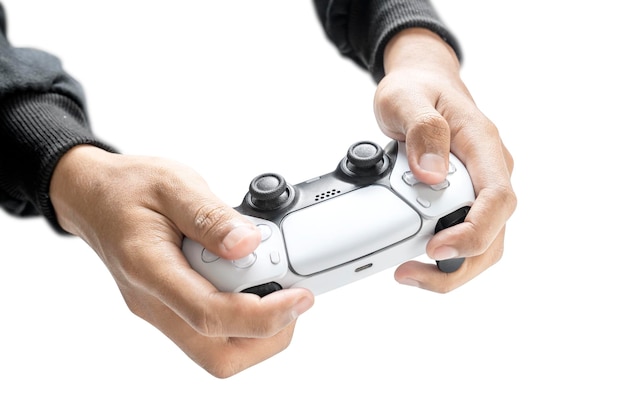 Foto hand des spielers mit dem controller der videospielkonsole