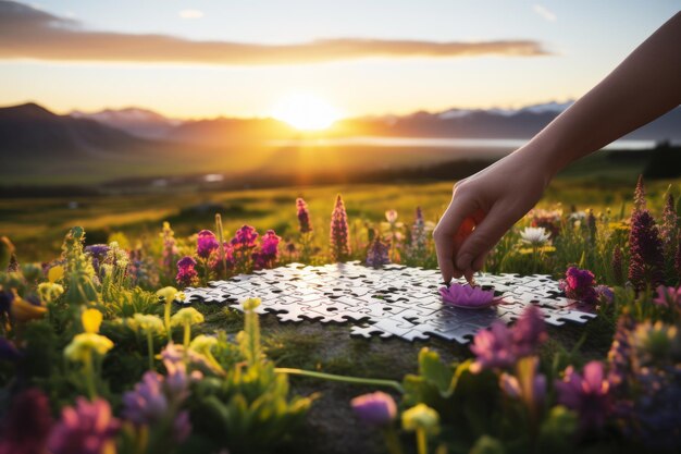 Hand, die das letzte Puzzlestück einer Blume in ein Puzzle auf einem Felsen in einem Blumenfeld mit einem Sonnenuntergang im Hintergrund platziert