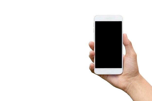 Foto hand, die das telefon hält, schwarze ausschnitte im inneren, isoliert auf weißem hintergrund