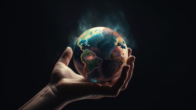 Hand, die den Erdplaneten Earth Day Concept Ai hält, generiert