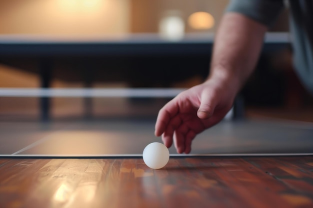 Hand, die den Ping-Pong-Ball vom Boden-Tisch im Hintergrund aufnimmt