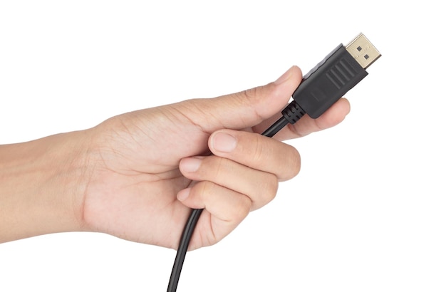 Hand, die Displayport Hdmi lokalisiert auf weißem Hintergrund hält.