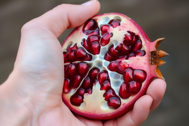 Hand, die ein offenes Granatapfel mit freiliegenden Samen hält