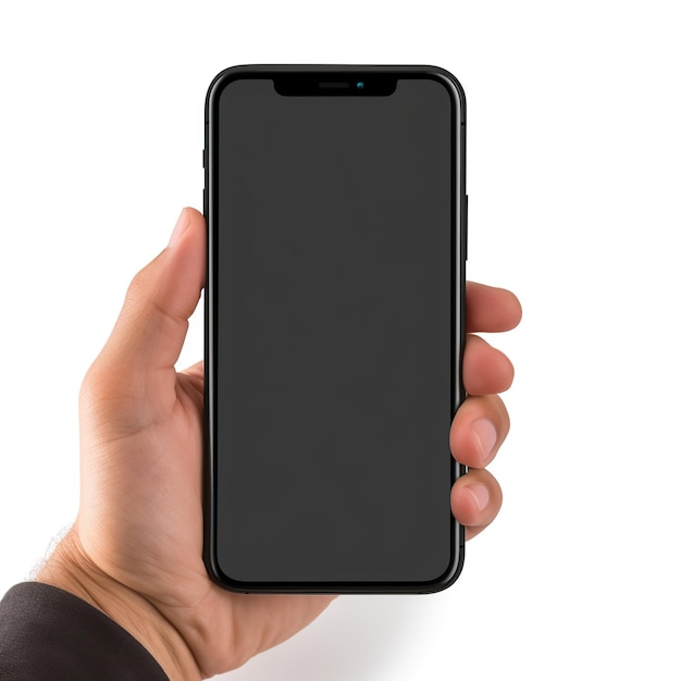 Foto hand, die ein smartphone auf einem isolierten weißen hintergrund hält