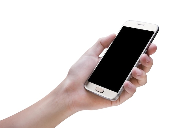 Hand, die ein Smartphone in der Hand hält, isoliert auf weißem Hintergrund