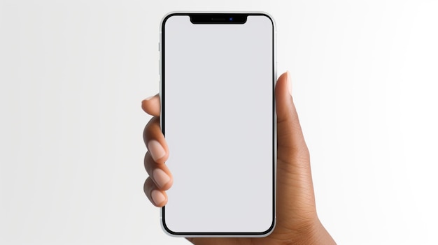 Hand, die ein Smartphone in der Hand hält, weiß, leer, Bildschirm-Mockup, AI-generiert