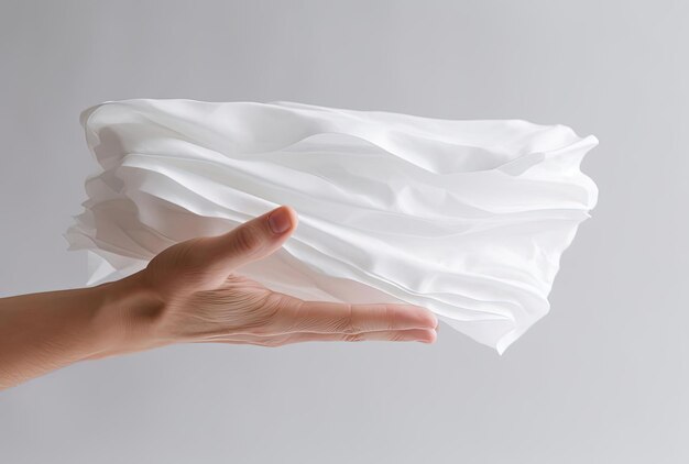Hand, die ein weißes Papierhandtuch auf einem Hintergrund im Stil von welligen Harzblättern hält