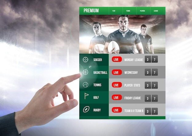 Hand, die ein Wett-App-Interface-Rugby-Stadion berührt