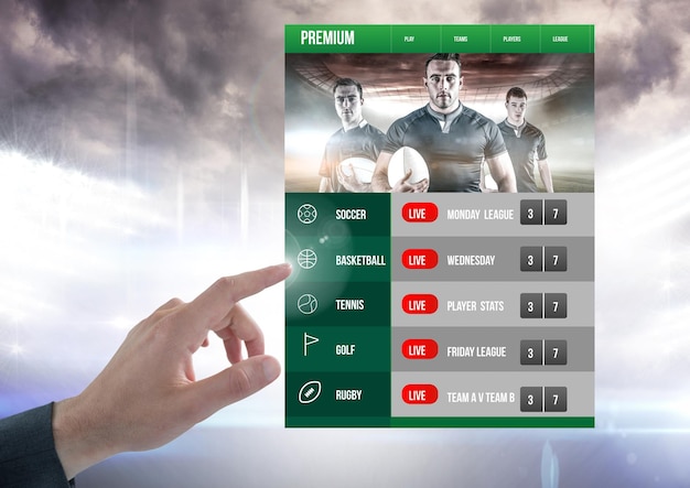Foto hand, die ein wett-app-interface-rugby-stadion berührt