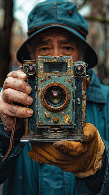 Foto hand, die eine alte filmkamera hält